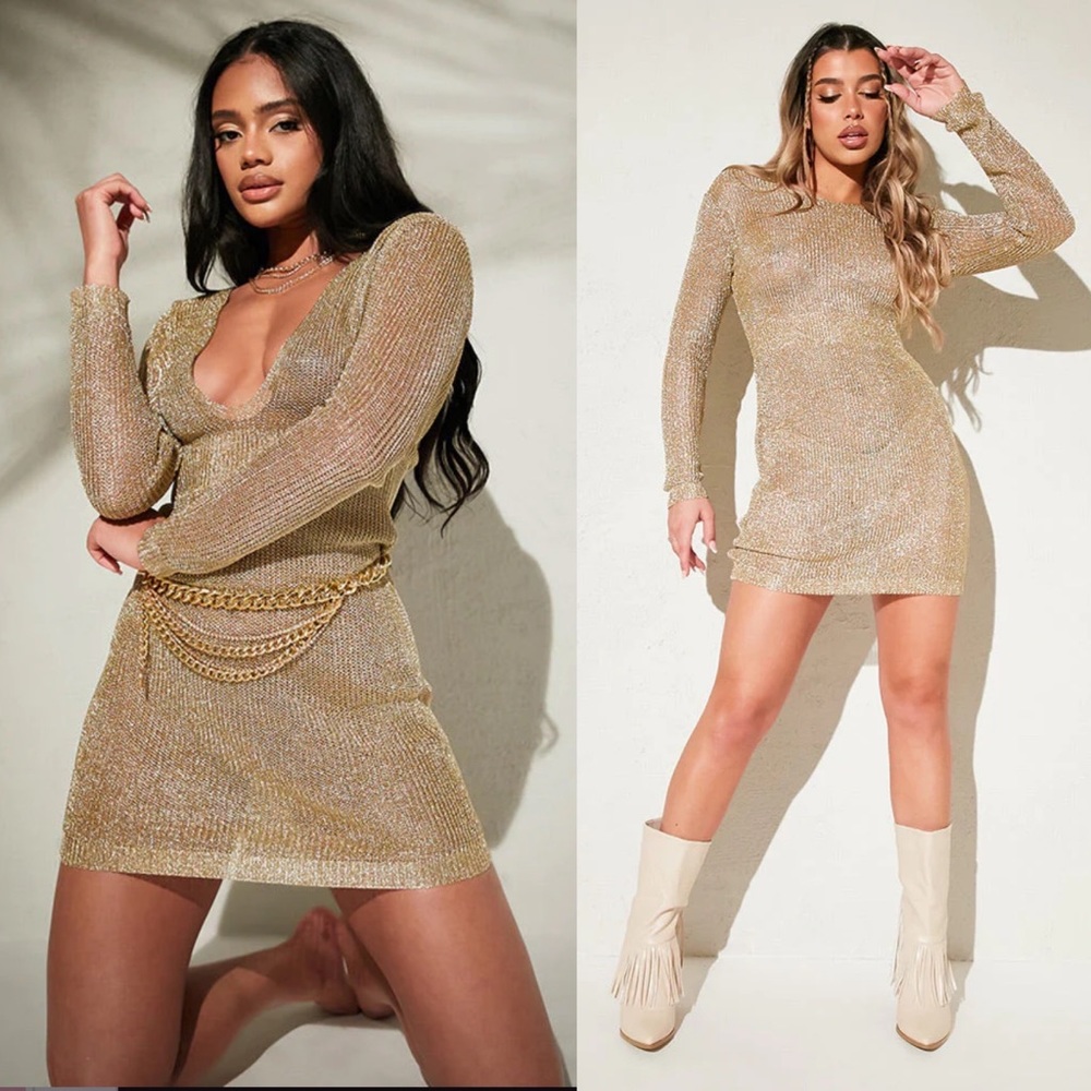 metallic long sleeve back mini dress gold cover up isawitfirst s size small